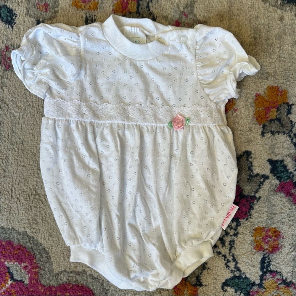 🌟3/$20🌟 Vintage Healthtex One-piece Romper White w/Pink Flower Baby Girls 12m